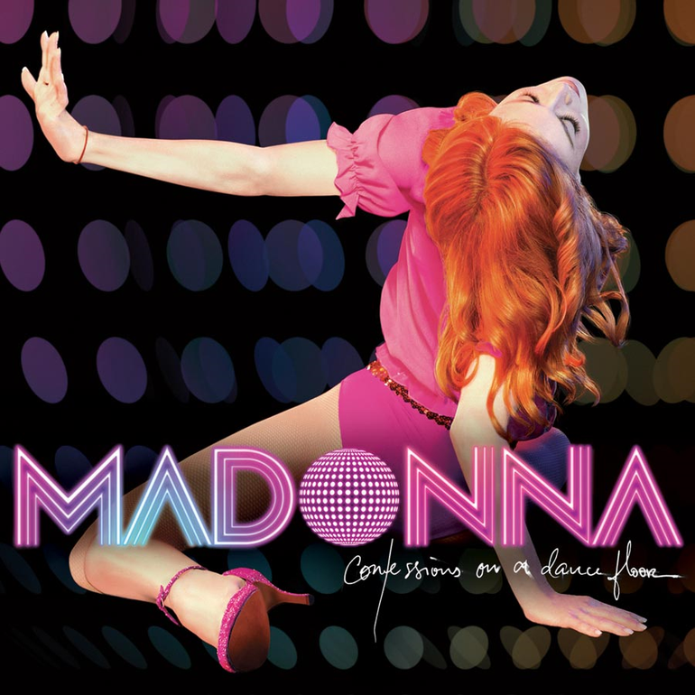 Capa do álbum Confessions on a Dance Floor, de Madonna. A cantora é uma mulher branca e usa um vestido curto rosa. Ela está no centro da imagem, de costas, com os joelhos e a mão direita apoiada no chão. A mão esquerda no ar apontada para a esquerda. A cantora olha para cima. Foi adicionado um fundo preto com bolinhas coloridas, o texto "MADONNA" em rosa e azul. O desenho de um globo de espelhos substitui a letra O da palavra MADONNA. Abaixo, foi adicionado "Confessions on a Dance Floor" em letra cursiva.