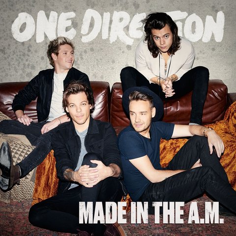 Capa do álbum MADE IN THE A.M. da banda One Direction. Na imagem, Niall e Harry estão sentados em um sofá e Louis e Liam estão sentados no chão. Louis e Harry olham para a câmera, Niall e Liam olham para o lado. 