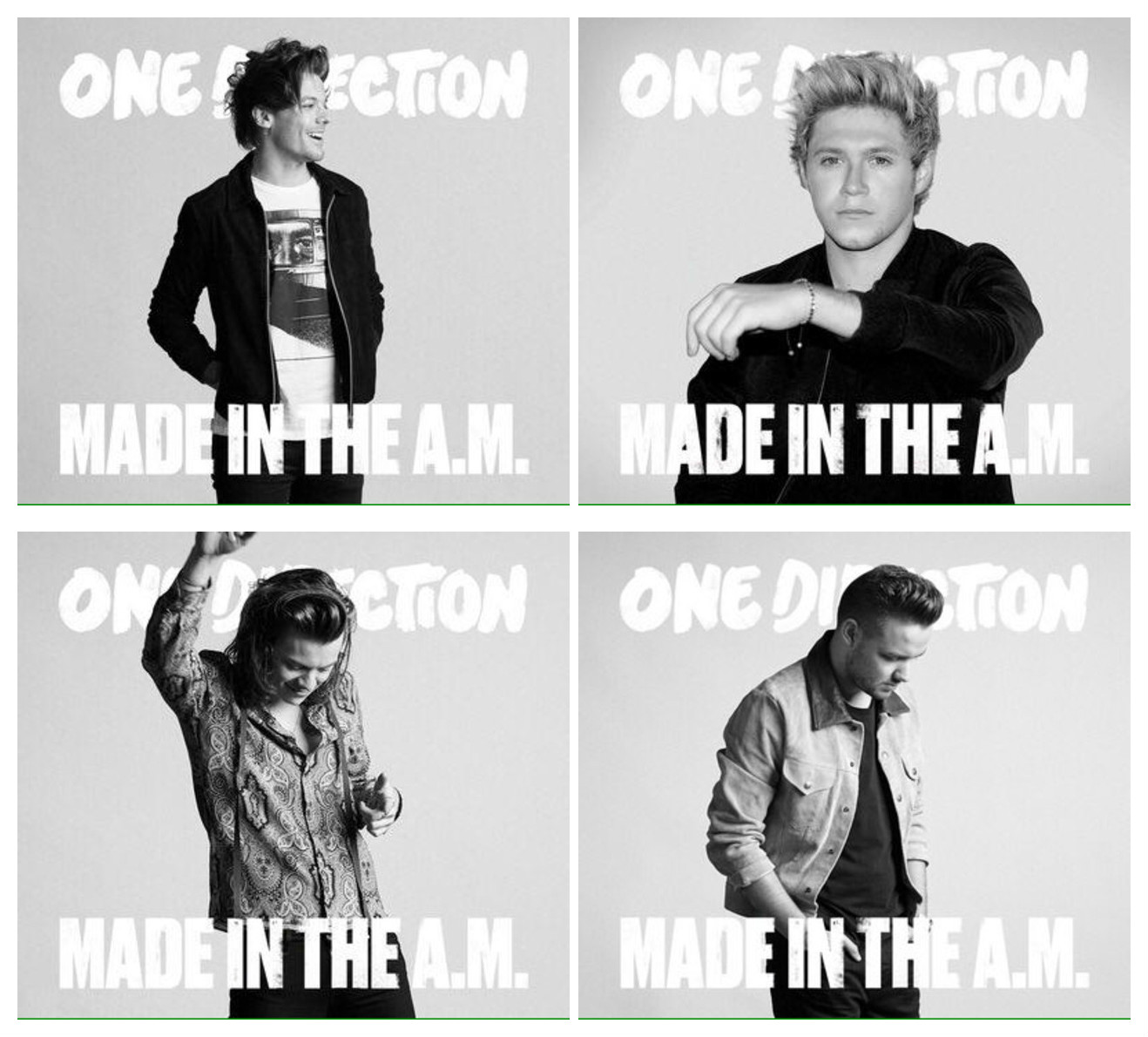 Montagem de quatro fotos dos integrantes da One Direction, em preto e branco. Em ordem, começando da parte superior esquerda: Louis, Niall, Harry e Liam. 