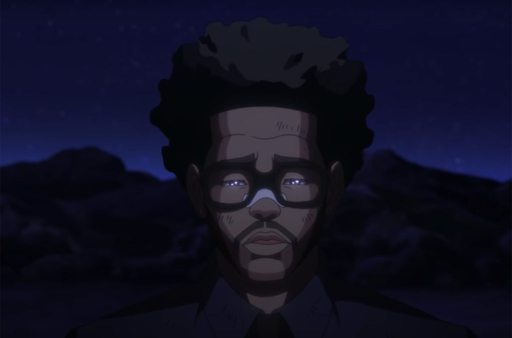 Cena do clipe em desenho animado de Snowchild. The Weeknd, homem negro, 30 anos, cabelo blackpower, óculos quadrados grosso e um curativo no nariz, tem lágrimas nos olhos, ele olha para baixo. Ao fundo, vemos montanhas e um deserto, numa cena noturna