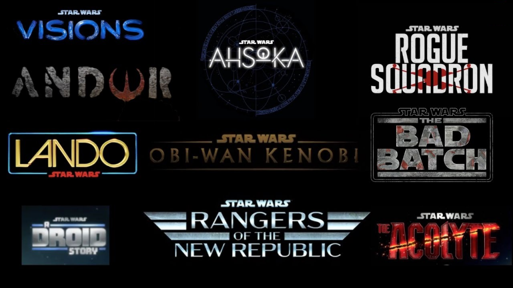 Imagem ilustrativa das novas séries do universo Star Wars, que traz os logos e os títulos das produções. 