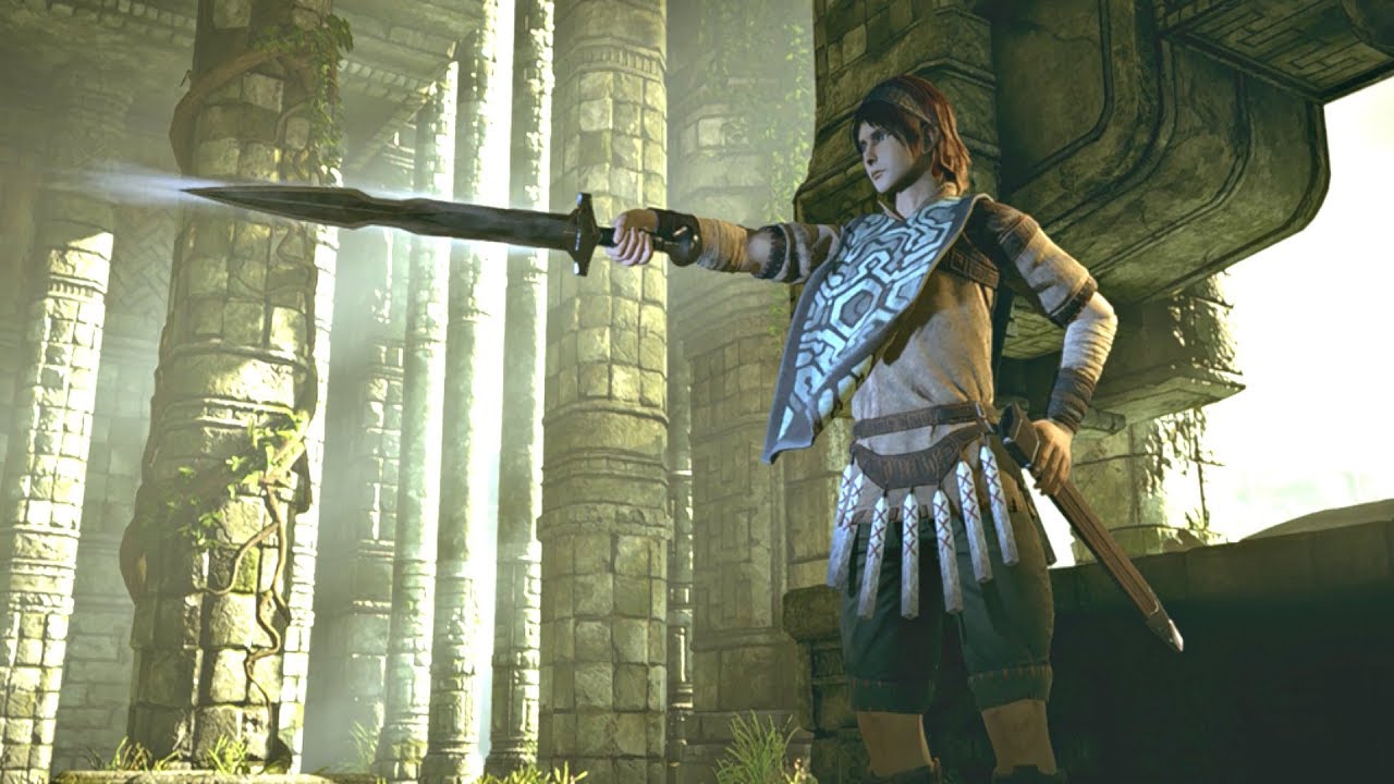 O personagem aponta sua espada para a frente, ele usa armadura e tem cabelos castanhos na altura do ombro