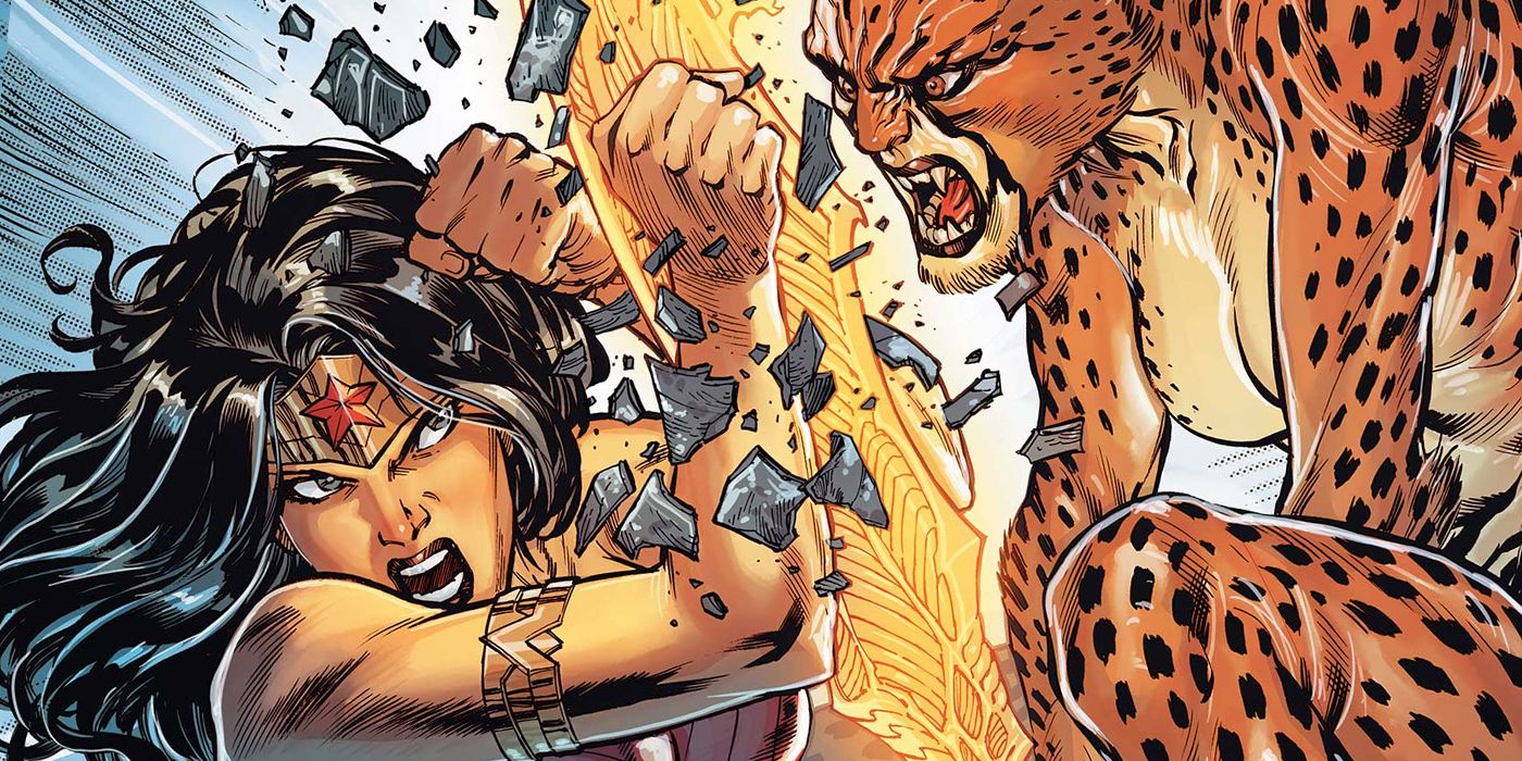 O desenho dos quadrinhos da Mulher Maravilha mostra apenas o rosto da heroína enquanto ela luta com a Mulher-Leopardo.