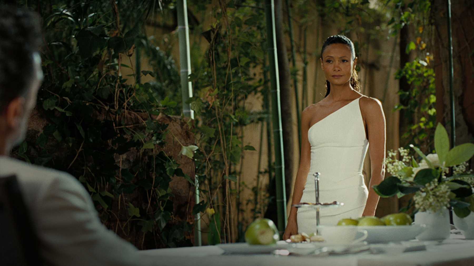 Thandie Newton usa um vestido branco e olha para um homem na mesa de jantar. Ela é uma mulher negra, de cabelo preso e um olhar desafiador. Ao seu redor, vemos muitas plantas