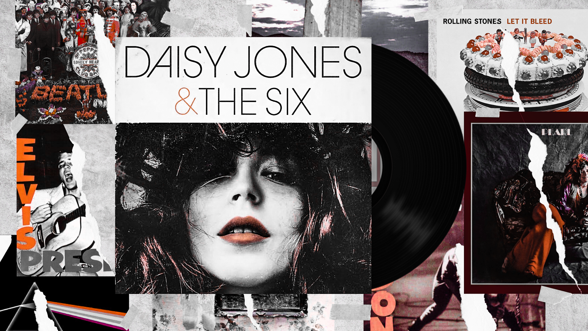 A imagem é uma colagem de diversas capas de álbuns rasgadas. No centro, a capa de Daisy Jones & The Six está escrita em letras pretas, e embaixo está o rosto de uma mulher branca com nariz fino e batom vermelho.