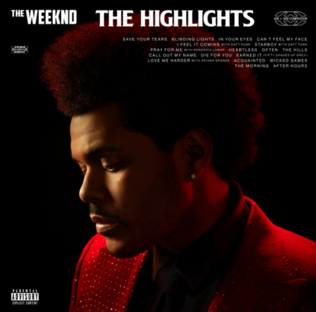 Capa do álbum The Highlights. The Weeknd está no centro da capa, focado do busto para cima. Ele olha levemente para baixo. Há sombras em seus rosto, e ele usa um paletó vermelho e uma camise preta. Há um brinco na sua orelha esquerda. Seu cabelo é preto e crespo. O fundo da imagem é preto. No alto, está as palavras THE WEEKEND e THE HIGHLIGHTS em letras brancas. Abaixo, estão o nome de todas as músicas do CD, em fontes menores.