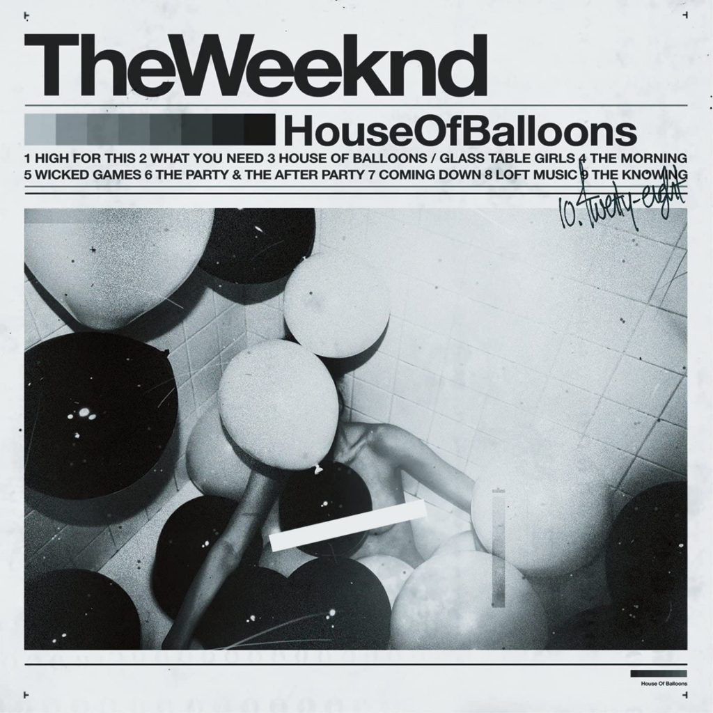 Capa do álbum House of Balloons de The Weeknd. A imagem mostra uma mulher sem roupa deitada em meio a balões brancos e pretos. Seu rosto e seu corpo estão cobertos por eles. Em volta da imagem há uma moldura cinza na qual, na parte superior, está escrito The Weeknd em letras garrafais pretas. Em baixo há um gradiente de tons de preto e ao lado a inscrição House of Balloons, também em preto. Em baixo ainda vemos a setlist do álbum e uma assinatura.