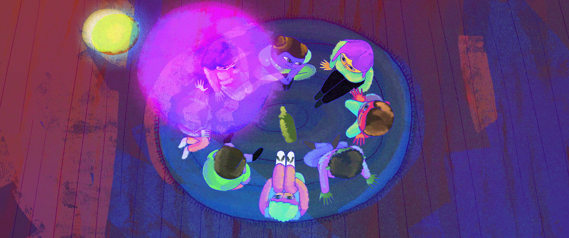 Cena da animação Friend of a Friend. Vemos, de cima, um grupo de adolescentes sentados em roda com uma garrafa no centro. As cores predominantes na=o desenho são o roxo, o azul e o verde-água em estilo neon. 