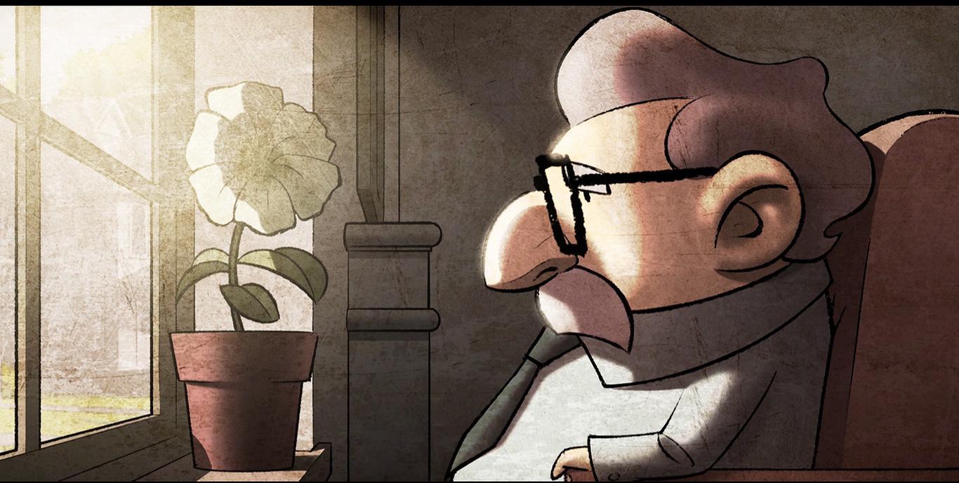 Cena da animação El Hombre que Nunca Vio Llover. Um idoso está sentado de perfil, olhando para a esquerda. Ele possui um nariz grande, usa óculos pretos, é branco e possui bigode e cabelos grisalhos. A sua frente, há uma janela com luz do sol entrando. No batente, uma flor branca está em um vaso.