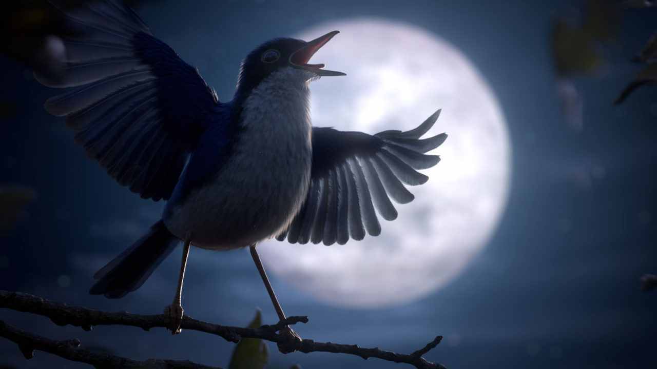Cena da animação Maestro. Nela, um passáro de penagem azul e branca com as asas e o bico abertos. Ele está em cima de um galho fino. Atrás, o céu azul estampa uma grande lua cheia.