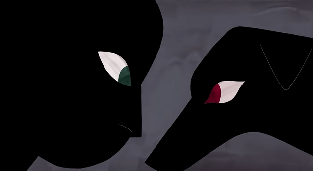 Imagem do filme Genius Loci. Na imagem é possível ver 2 sombras: do lado direito a de um cachorro, com seus olhos vermelhos e ao lado esquerdo, de uma mulher com seus olhos verdes. 