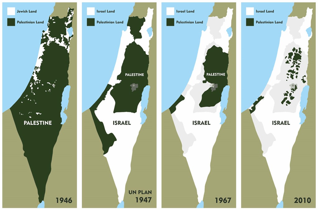 Peça gráfica em formato de 4 mapas. No primeiro mapa, vemos o território Palestino em 1946, com a porção verde (representando os palestinos) ocupando quase a totalidade do mapa. Na costa superior oeste, podemos ver alguns fragmentos de território em posse judaica. O segundo mapa mostra uma representação do Plano de Partilha da ONU de 1947, que ofereceria 54% do território total anterior para Israel, e o restante para a Palestina, com Jerusalém sendo uma cidade de gestão internacional. No terceiro mapa, vemos como a divisão estava em 1967, com Israel ocupando quase a totalidade do território. Apenas a Faixa de Gaza, na costa inferior oeste, e a Cisjordânia, no centro-leste, pertencem à Palestina. No quarto mapa, vemos a divisão atual, em que a Faixa de Gaza e a Cisjordânia estão ainda mais fragmentadas, representando apenas 'manchas' no território total.