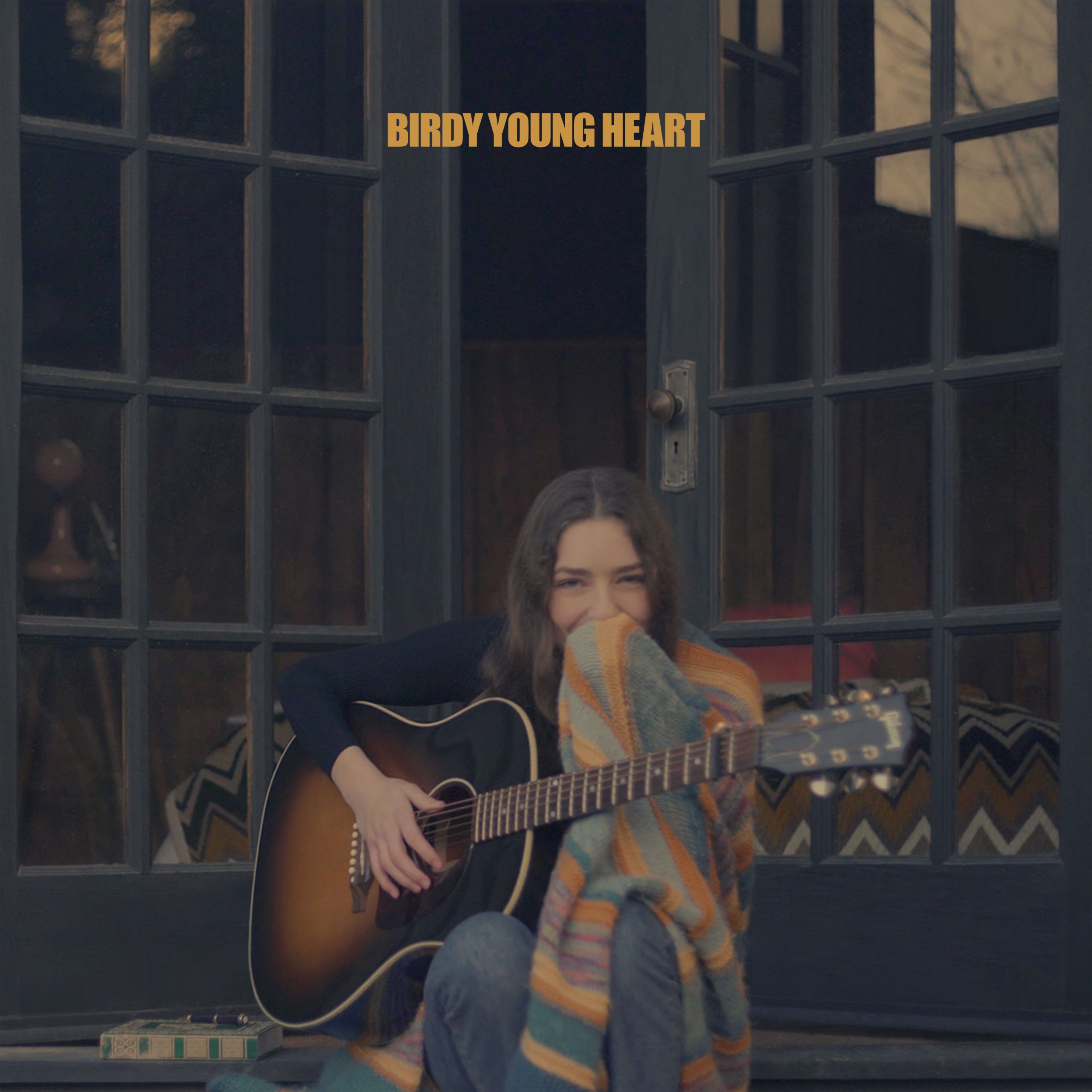 Capa do CD Young Heart, de Birdy. Nela vemos a cantora, uma jovem branca de cabelos castanhos, sentada na frente de uma porta de vidro entreaberta. Ela segura um violão e um tecido. 