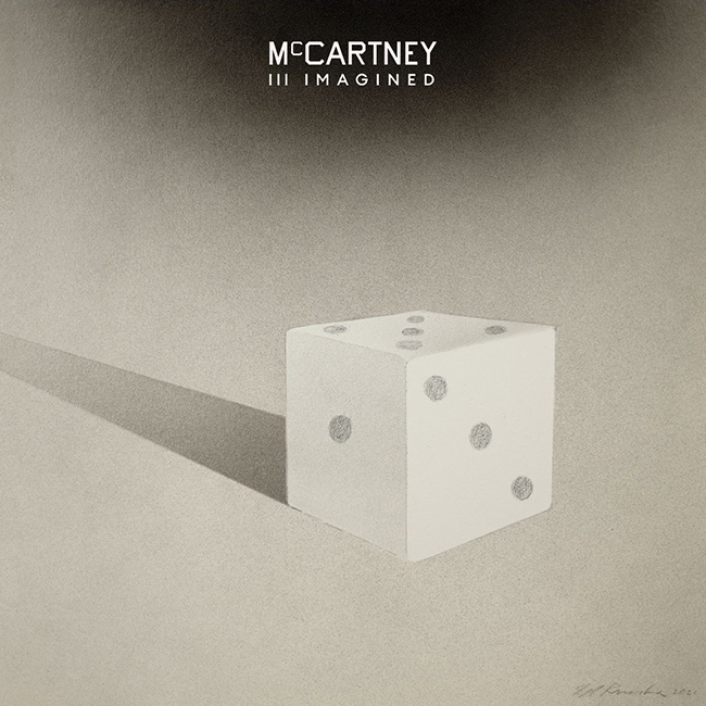 Capa do CD McCartney III Imagined. No topo, o nome do disco está em branco, em um fonte centralizada e média. No centro, vemos um dado branco que cria uma sombra que segue até o limite da imagem.