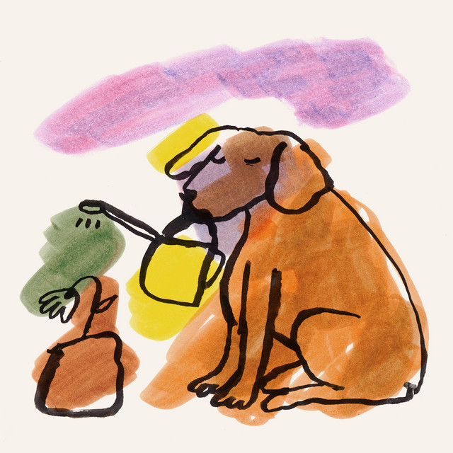Capa de Man's Best Friend. Desenho de um cachorro sentado, de olhos fechados, segurando um regador de planta pela boca. Ele está regando uma flor que está a sua frente, colocada em um vaso. O desenho é preto com tinta borrada por trás, colorindo o cachorro e a flor de marrom, o regador de amarelo, a água de verde e um céu de tons de roxo e rosa.