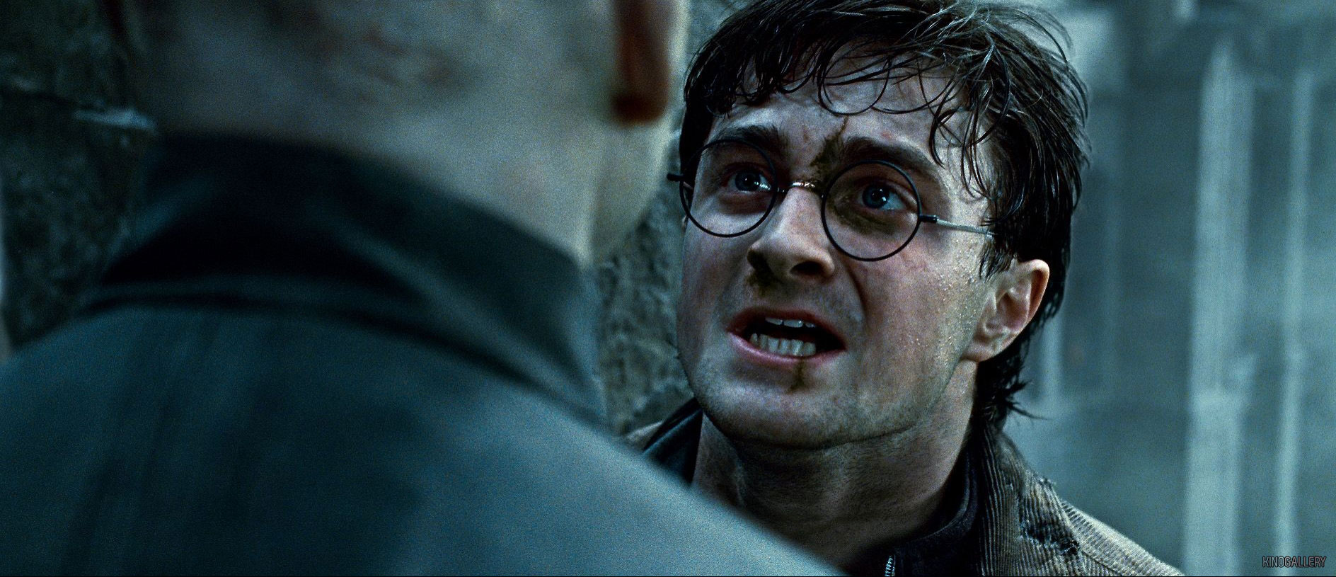 Cena do filme Harry Potter e as Relíquias da Morte: Parte 2. Na cena, vemos Harry, personagem de Daniel Radcliffe, um homem branco que usa óculos redondos, sujo de terra, olhando Voldemort, personagem de Ralph Fiennes, que está de costas. Eles estão à beira de um precipício.