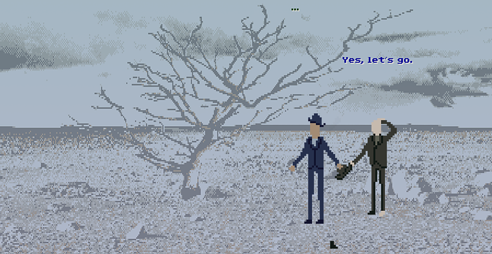 Imagem do jogo Esperando Godot: Uma Simulação exibe um visual pixelado, com dois homens parados em uma paisagem árida. Um dos homens utiliza terno e chapéu azuis enquanto o outro utiliza um terno preto.