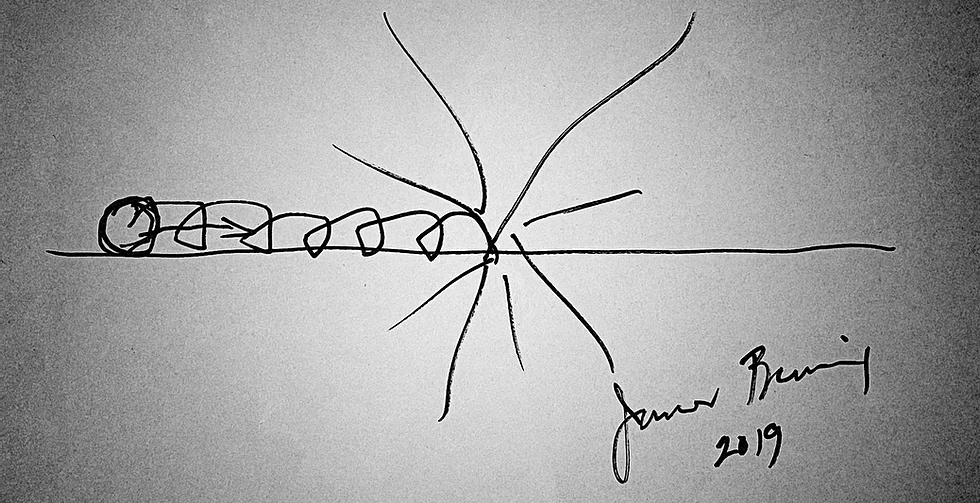 Cena de O Sonho de Benning exibe um desenho simples, feito numa folha, de uma bola rolando até explodir. No canto inferior direito, vemos a assinatura de James Benning e o ano de 2019.
