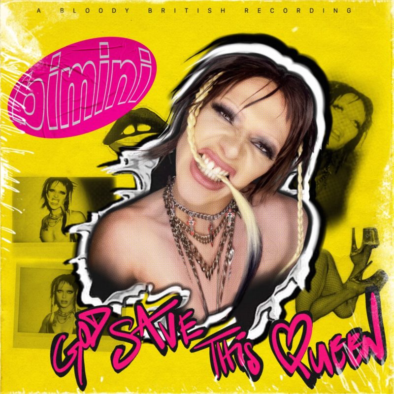Capa da música God Save This Queen, de Bimini. A capa é amarela e mostra recortes da drag queen, com o nome da música aparecendo em fonte rosa.