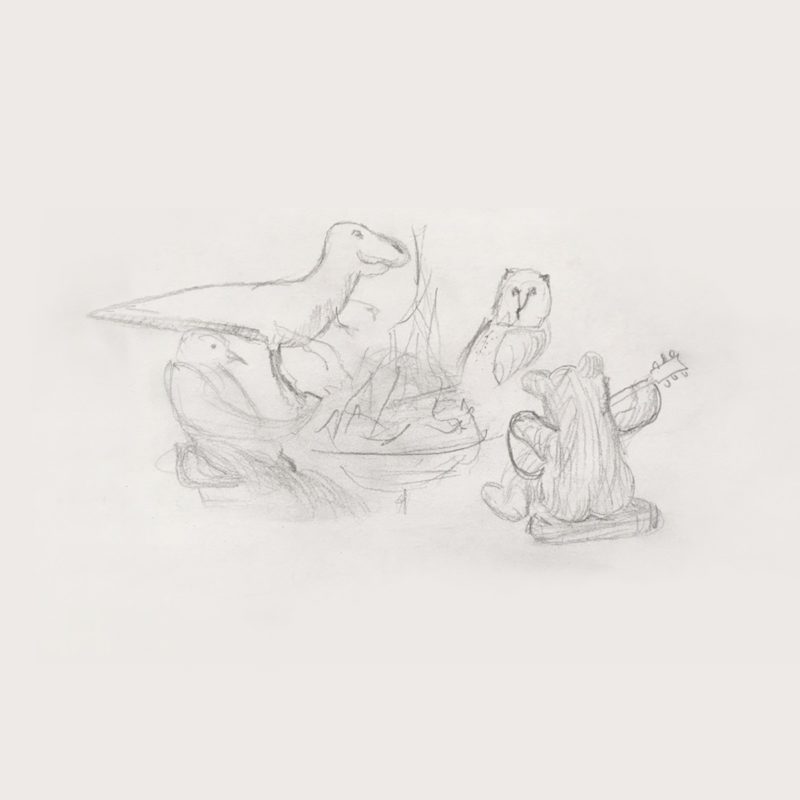 Capa dos singles Little Things e Sparrow, de Big Thief. Imagem quadrada, de um desenho feito à grafite. O fundo é branco como um papel. No centro está o desenho de uma fogueira cercada por um dinossauro, uma coruja, um urso tocando um violão e um pássaro.