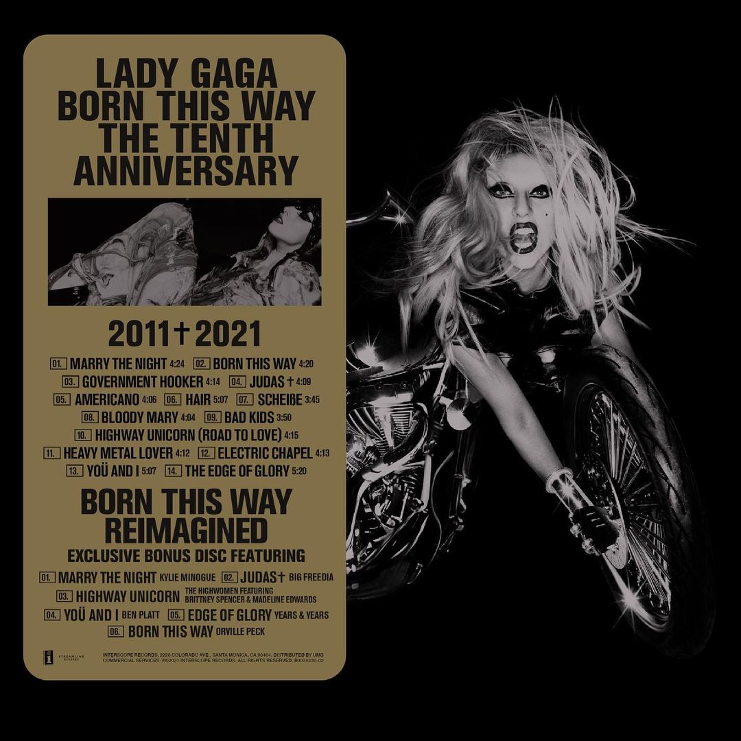 Capa do CD Born This Way The Tenth Anniversary. Imagem com o fundo preto, ao lado esquerdo retângulo dourado com o nome do álbum e as faixas presentes em cada disco da edição de aniversário. Ao lado direito, Lady Gaga sobre uma moto em preto e branco