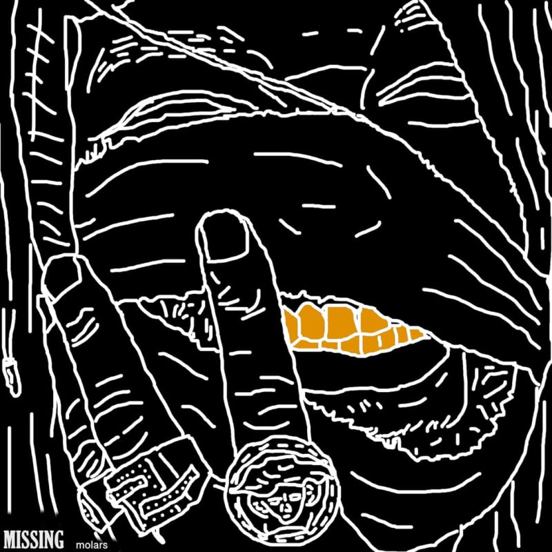 Capa do CD Missing Molars, do rapper Genesis Owusu. A capa é um desenho que adapta a capa original do CD, com o cantor com o rosto enfaixado e sorrindo, com os dentes à mostra. O desenho é feito com traços brancos, que contrastam com o fundo preto. Os dentes estão pintados de cor dourada e no canto inferior esquerdo está escrito Missing Molars, em fonte branca. 