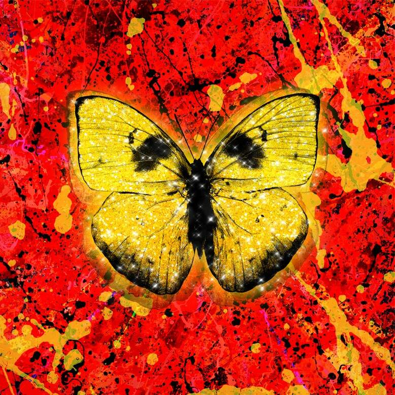 Capa do single Shivers, de Ed Sheeran. O fundo é vermelho, com jatos de tintas aleatórios em amarelo e preto. Ao centro, está uma borboleta com as asas amarelas e manchas pretas na parte superior e inferior. Em todo o desenho da borboleta, há pequenos pontos de luz, imitando brilho. 
