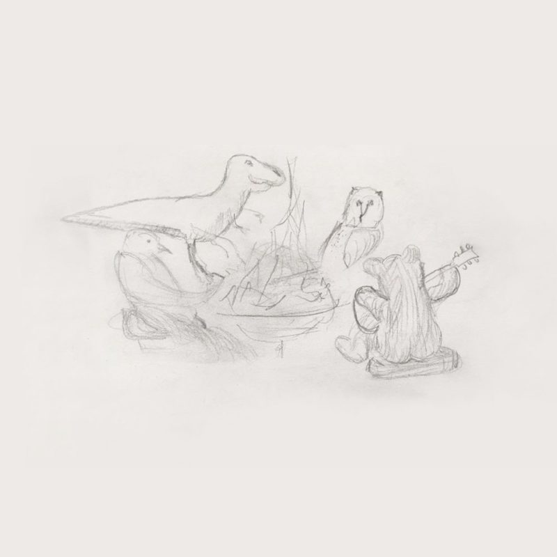 Capa do single Certainly. A imagem é um desenho minimalista a grafite sobre uma superfície branca. O desenho representa quatro animais sentados em torno de uma fogueira: um dinossauro, um passarinho, uma coruja e um urso com um violão em mãos. Os quatro animais têm tamanhos semelhantes. 