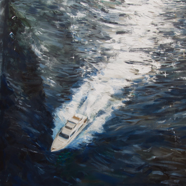 Capa do single Yate, de C. Tangana. A imagem é composta por uma pintura que observa de cima um iate rasgar o mar na diagonal, do canto superior direito para o inferior esquerdo. O mar é azul escuro e o iate é branco.