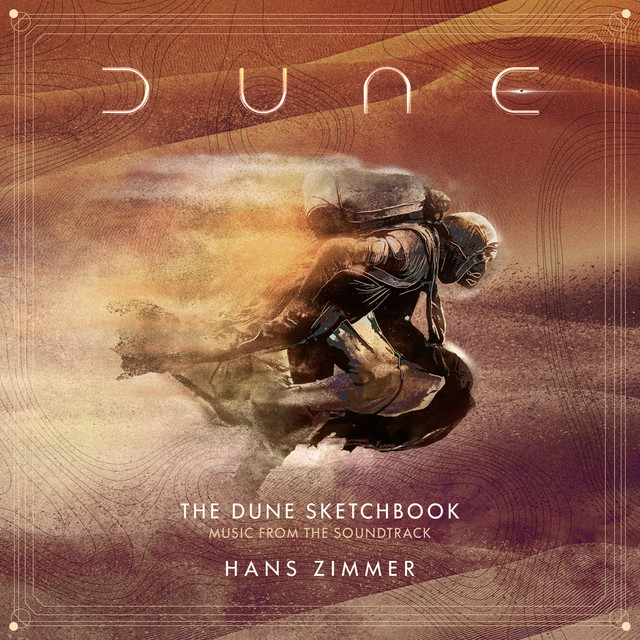 Capa do disco The Dune Sketchbook (Music from the Soundtrack). A imagem mostra o desenho de um corpo coberto de roupas e com uma máscara, voando com uma nuvem sobre dunas de areia. 