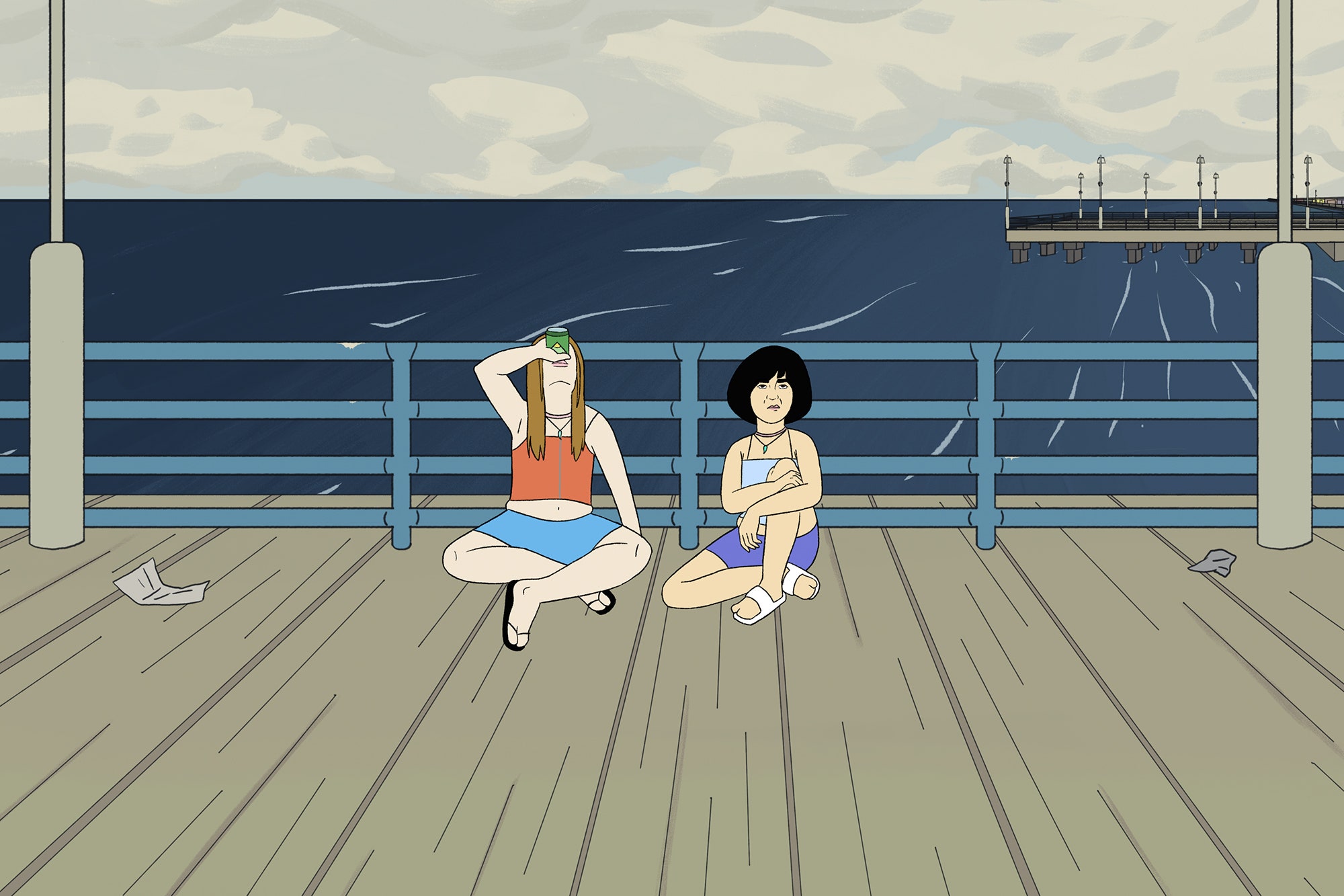 Cena do episódio animado de Pen15, Jacuzzi. A foto é um desenho no cais de uma praia e mostra Anna e Maya sentadas no cais. Está de dia, Anna é branca e loira e usa blusa laranja, enquanto Maya é asiática, tem cabelos pretos e curtos e usa roupa azul. 