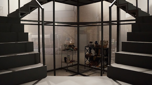 Cena do filme Terra das donzelas. A cena mostra duas escadas pretas e, entre elas, estão alguns objetos, como mesas e vasos, protegidos por vidro.