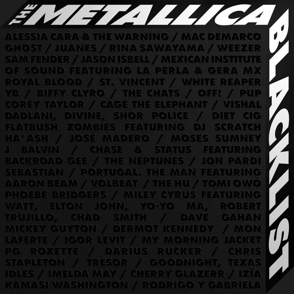 Capa do disco The Metallica Blacklist. É uma imagem inteira preta, com o título escrito em letras brancas maiúsculas largas e inclinadas alinhadas aos cantos superior e direito. O resto da capa é preenchido por uma longa lista de nomes de artistas e bandas, em letras pretas, camufladas ao fundo. 