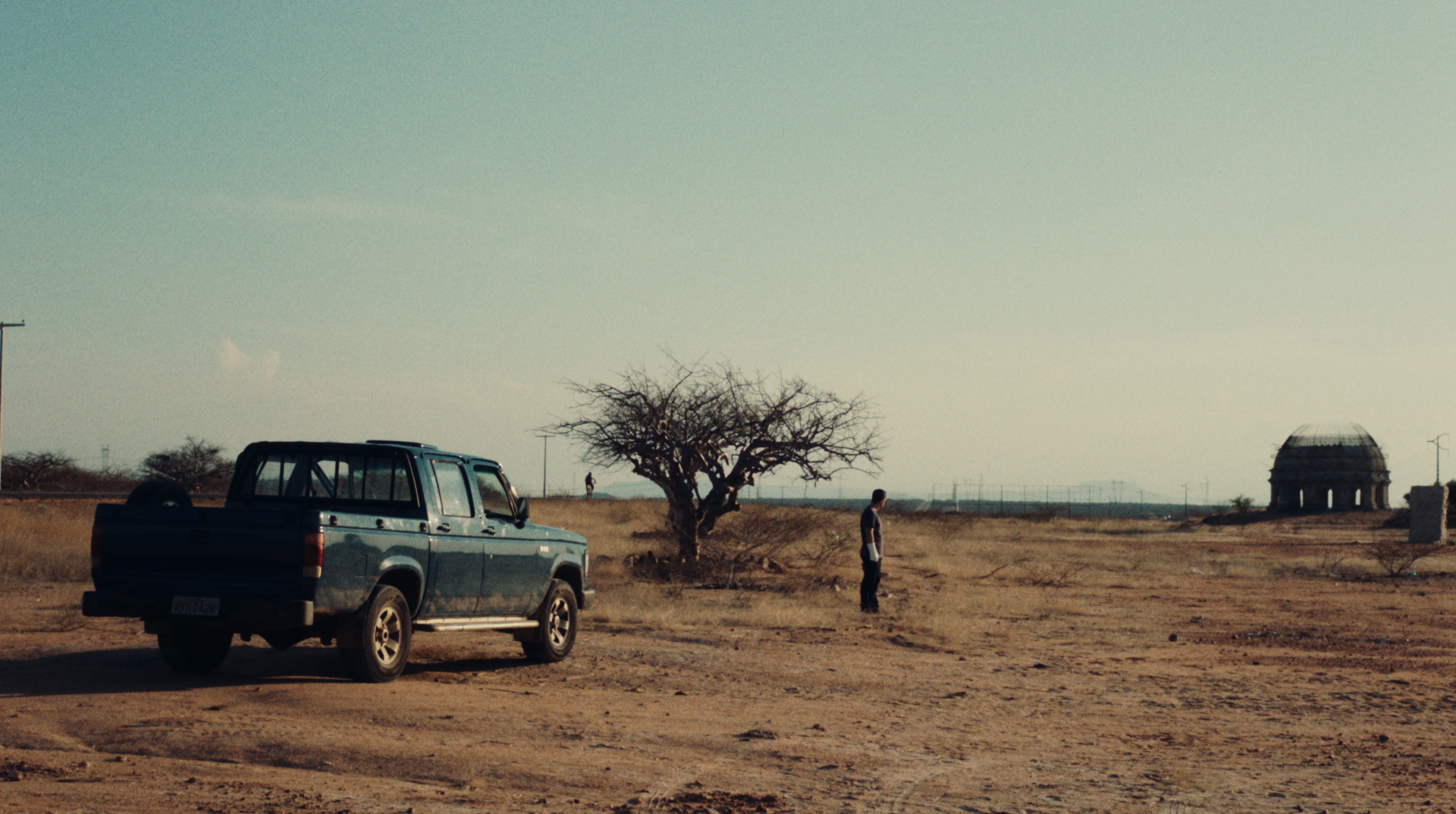 Cena do filme Deserto Particular, mostra um homem parado ao lado de seu carro e de uma árvore seca. Está de dia e o terreno é arenoso e inabitado. 