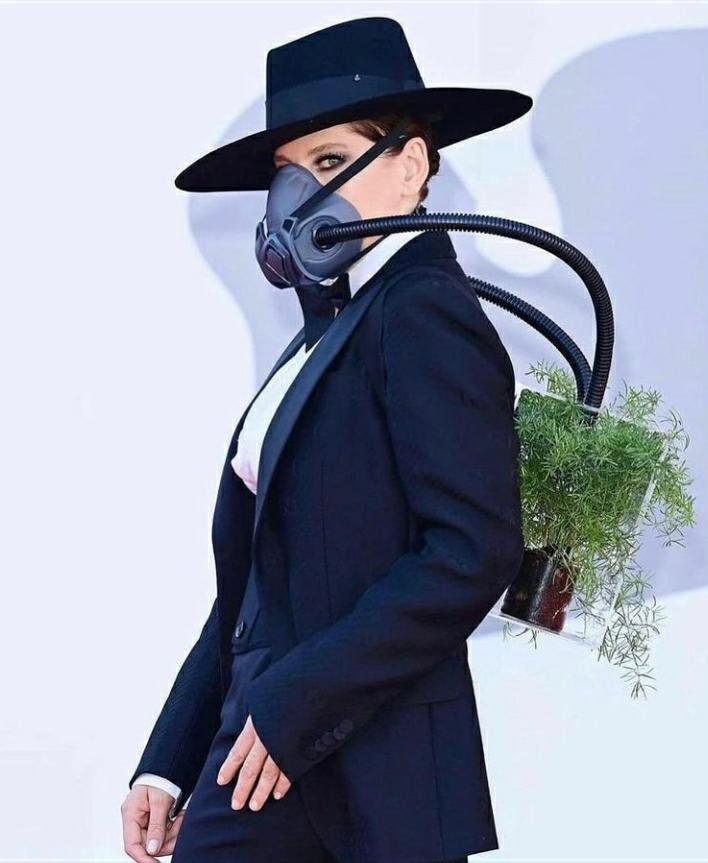  Foto de Bárbara Paz de chapéu e paletó pretos, gravata borboleta e calça pretas, máscara preta acoplada a uma caixa de plantas. Fundo branco.
