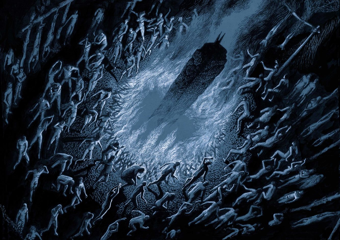 Imagem retangular, em tons frios de azul e preto, representando um grupo de pessoas nuas movendo-se ao redor de uma fogueira que por sua vez encontra-se ao redor de um pilar.
