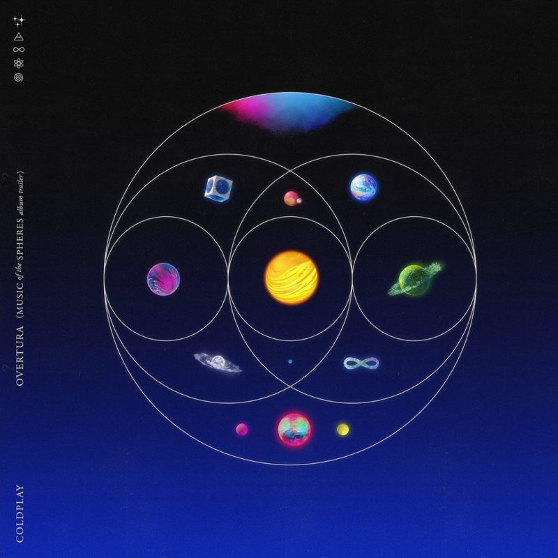Capa do álbum Music of the Spheres. A imagem mostra um conjunto de planetas e símbolos coloridos organizados dentro de círculos finos e brancos que se sobrepõem formando uma imagem simétrica, sobre um fundo em degradê de azul e preto.