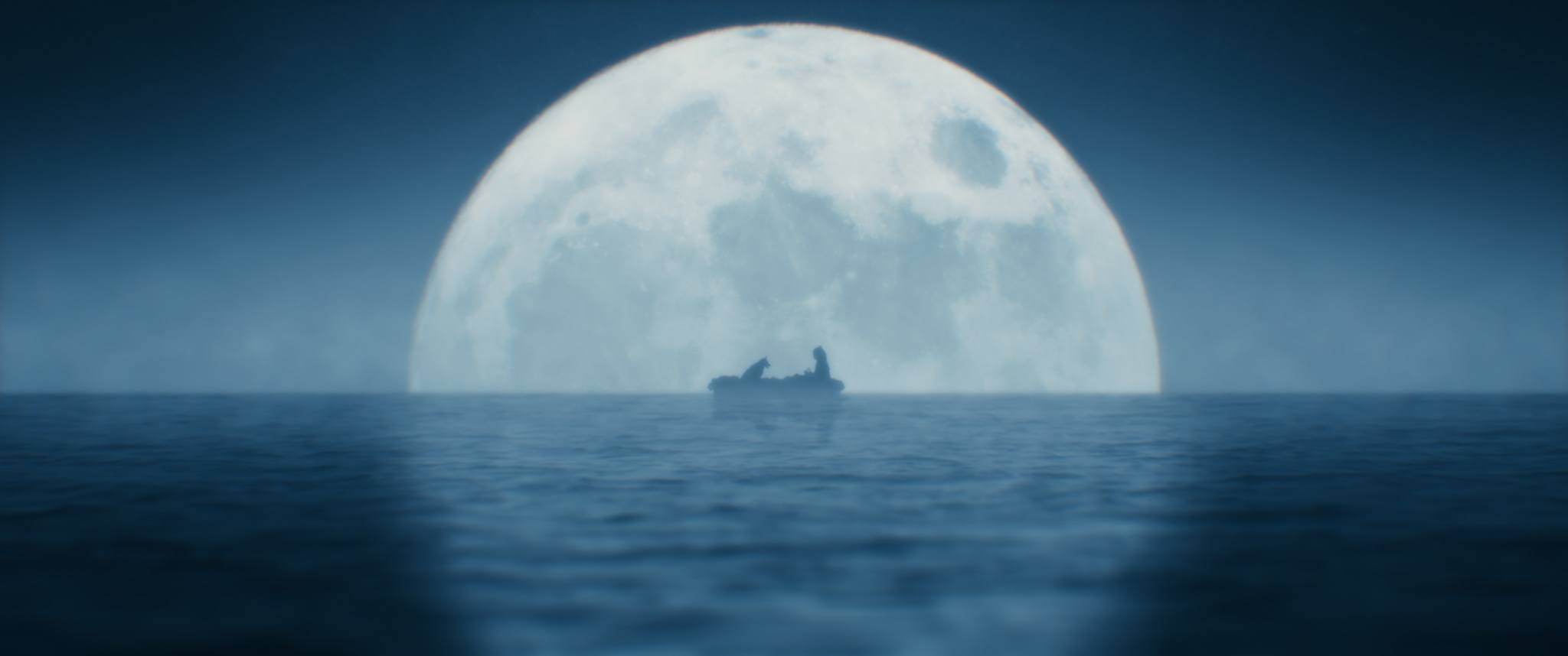 A imagem é uma cena do filme Despedida. Nela, há o horizonte de um rio, em que é possível uma lua cheia coberta pela metade ao fundo. No centro dela, há um barco com um cachorro à esquerda e uma menina à direita.