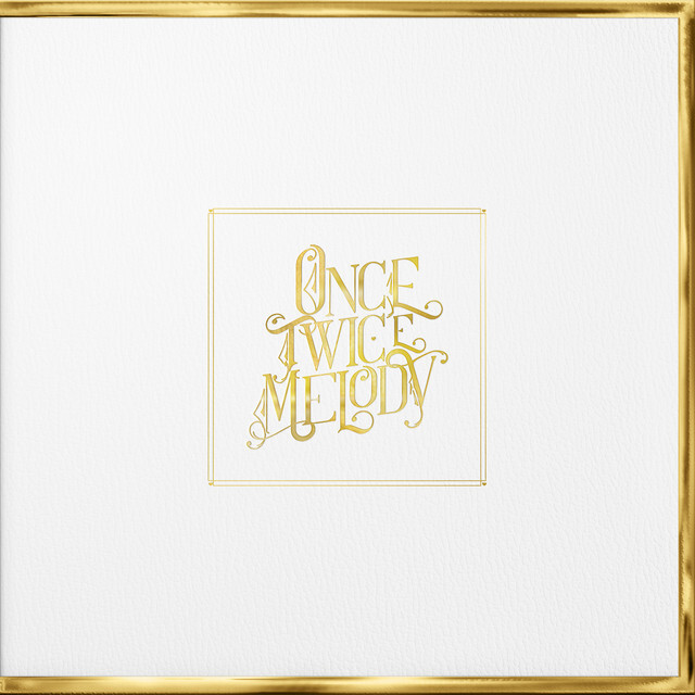 Capa do disco Once Twice Melody, da dupla Beach House. Na imagem, há um fundo branco com bordas douradas. Ao centro, há um quadrado com seus entornos dourados, e ao centro está escrito Once Twice Melody, em fonte de cor dourada.