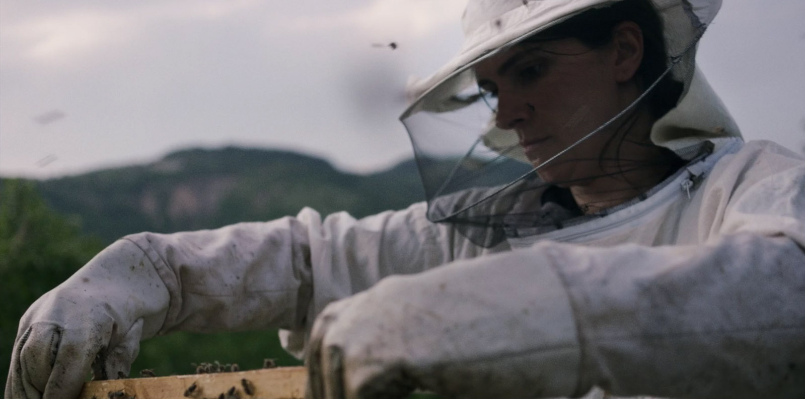 Cena do filme Colmeia. Na imagem, vemos a protagonista Fahrije, uma mulher branca, aparentando cerca de 40 anos, vestindo um traje de apicultura branco e manipulando um dos instrumentos da apicultura, com as abelhas ao redor dela.