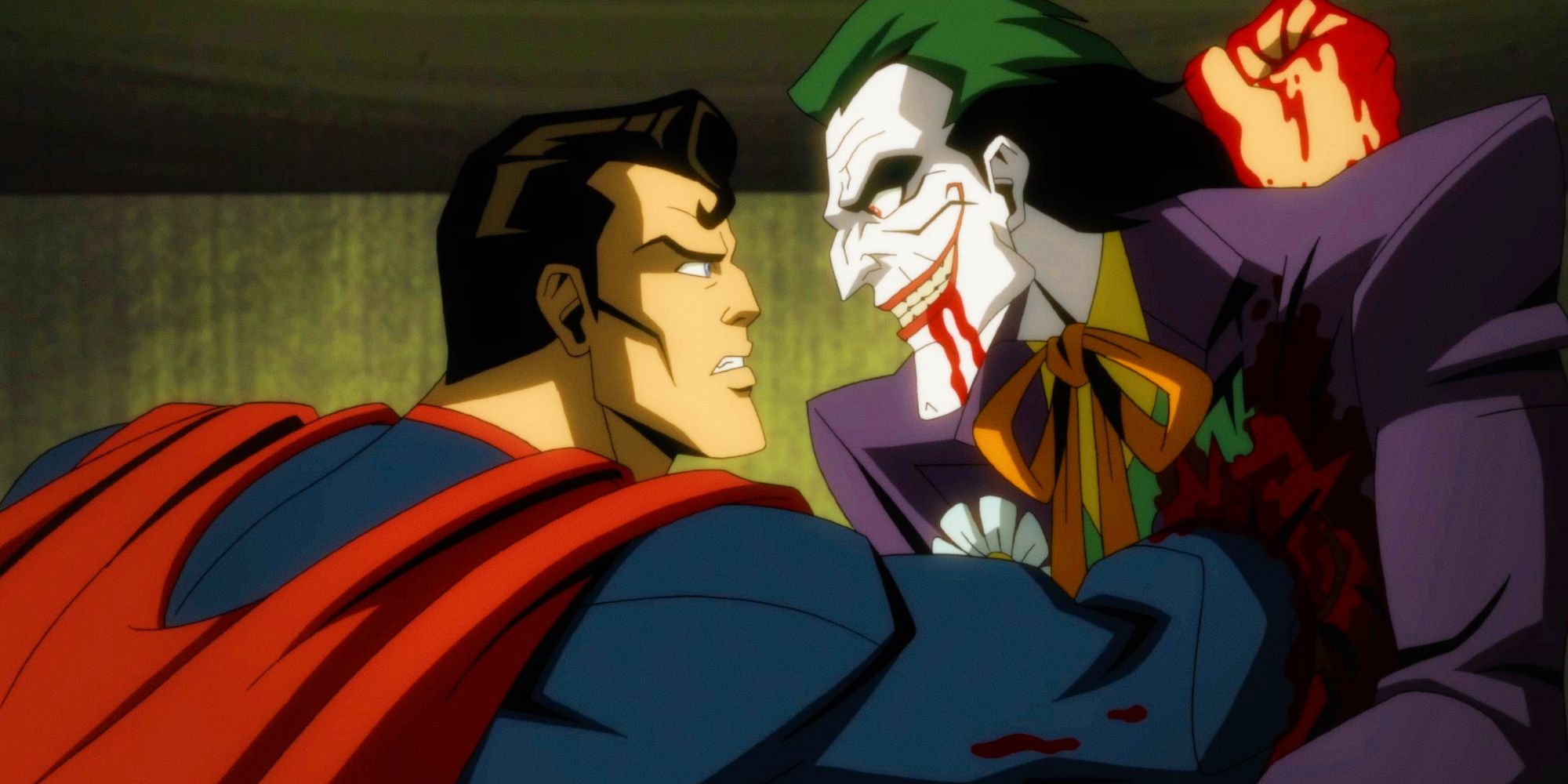 Cena da animação Injustiça: Deuses Entre Nós, mostra o Superman matando o Coringa, com o punho atravessando e ultrapassando seu peito.