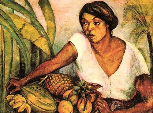 Pintura da artista Anita Malfatti. Nela, vemos uma mulher negra, com cabelos presos em um coque baixo e vestindo uma roupa branca de mangas curtas. Ela carrega uma bacia com frutas como abacaxi, banana e laranjas. Ao fundo, é possível ver uma paisagem rural. 