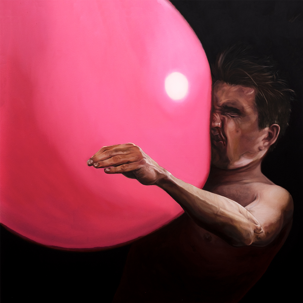 Na arte de Russel, há um homem branco de cabelos castanhos e curtos. Ele está de lado, sem camisa e em um fundo escuro. Uma grande bola rosa acerta em cheio sua face que fica distorcida com o impacto e, com isso, seu braço esquerdo desponta para frente.