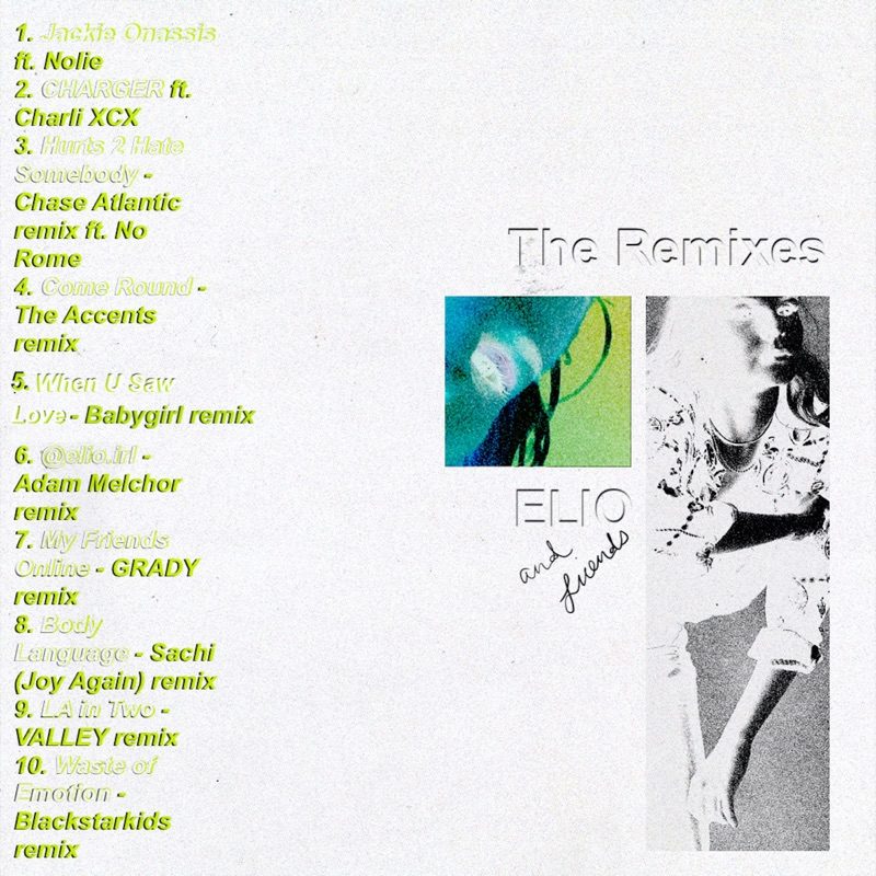 Capa do disco ELIO and Friends: The Remixes, da cantora ELIO. A capa é branca e tem a lista de faixas e colaboradores listada no lado esquerdo, em fonte branca e verde neon. Na parte direita, vemos o nome do disco e duas imagens, com o nome de Elio. As imagens são recortes de close-ups em efeito negativo.