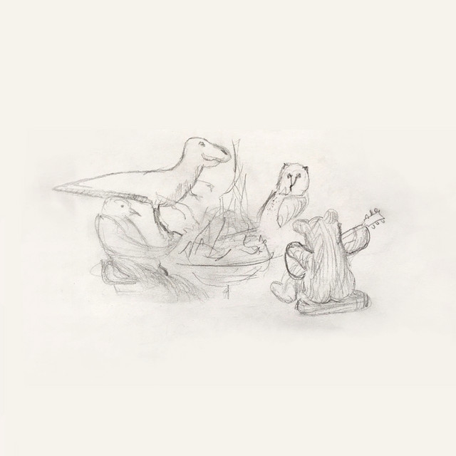Capa do álbum Dragon New Warm Mountain I Believe in You de Big Thief. Imagem quadrada, de um desenho feito à grafite. O fundo é branco como um papel. No centro está o desenho de uma fogueira cercada por um dinossauro, uma coruja, um urso tocando um violão e um pássaro.