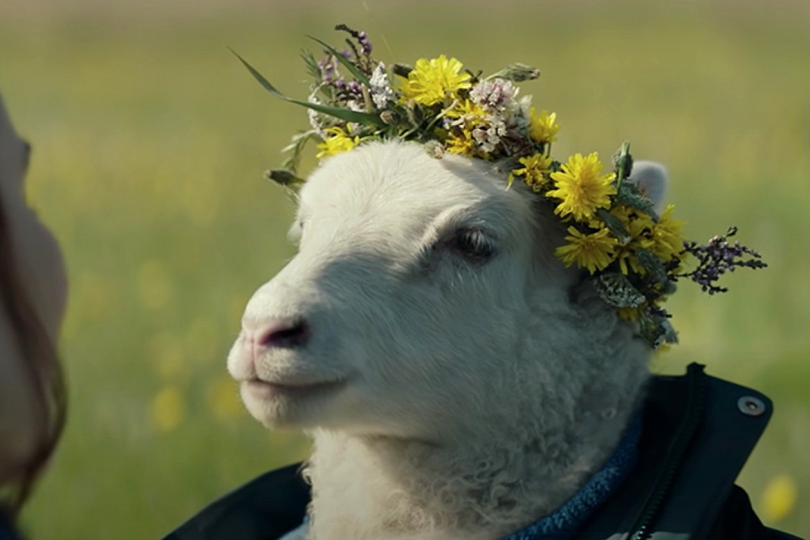 Cena do filme Lamb. Na imagem, está a personagem Ada, uma bebê-ovelha. Ela está com um rosto levemente inclinado, olhando em direção à outra personagem, que não aparece na imagem. Ada usa uma coroa de flores e um casaco, que também não aparece por completo. 