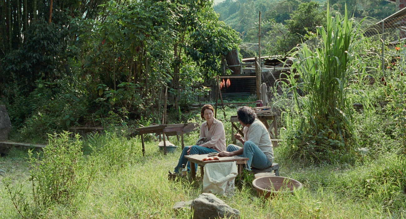 Cena do filme Memoria. A imagem mostra uma mulher branca e um homem latino sentados à distância ao lado de uma mesa, em meio a uma área com vegetação e algumas estruturas de madeira ao fundo. 