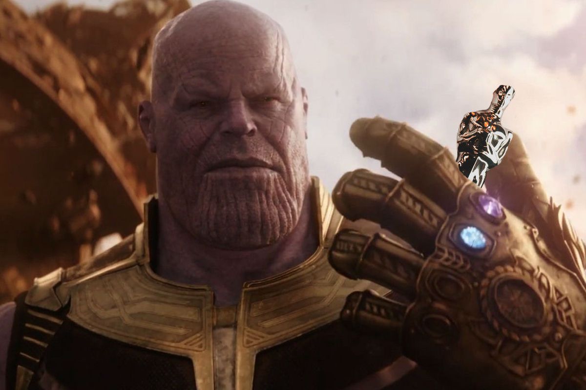 Cena do filme Vingadores: Guerra Infinita. A cena mostra o vilão Thanos com a Manopla do Infinito na mão direita e entre seus dedos, ele segura uma estatueta do Oscar..