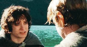 Cena do filme O Senhor dos Anéis: A Sociedade do Anel. Frodo (Elijah Wood) abraça Sam (Sean Astin) dentro do barco que os carrega. Sam está encharcado, e seus cabelos loiros estão pendem para frente. Frodo se joga para frente e o abraça, se agarrando em sua capa cinzenta. Atrás de Sam, uma praia de pedras brancas com algumas pedras e uma floresta ao fundo. Tanto Sam quanto Frodo são hobbits caucasianos e magros, mas Frodo tem cabelos pretos.