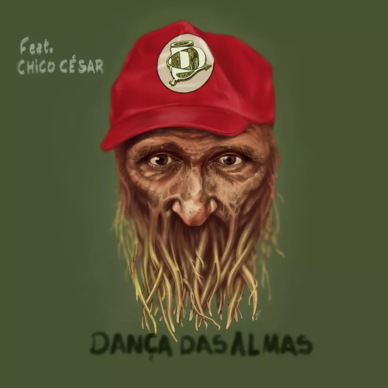 Capa do single Dança das Almas, tem fundo verde e mostra o desenho de um homem marrom com o rosto formado por raízes e um boné vermelho no topo da cabeça.